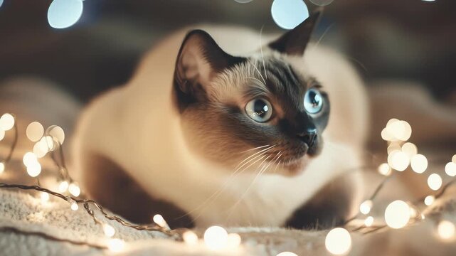 Curious cat exploring twinkling lights in cozy holiday setting