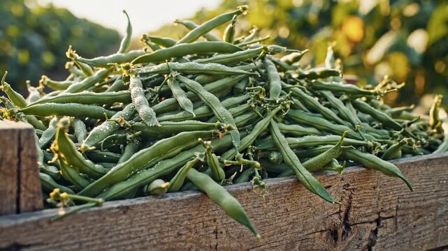 Abundant Pile of Freshly Harvested Green Beans Overflowing from a Rustic Wooden Crate in Soft Sunlight