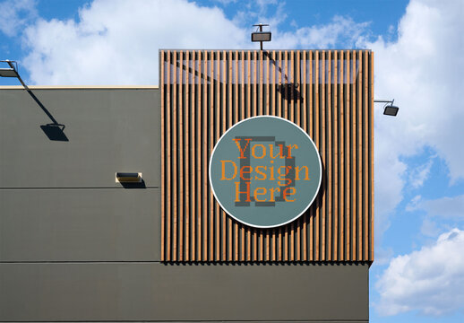 Mockup from real photo of  large white circle surrounded by wooden on a modern building storefront wall
