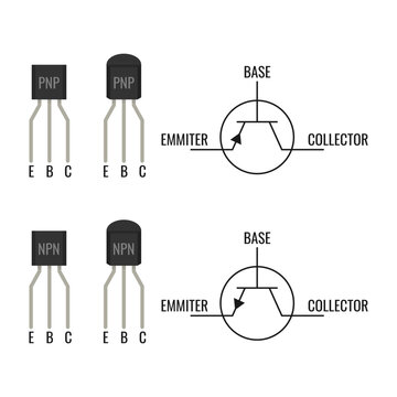 NPN and PNP transistor vector set. Bipolar junction transistor BJT schematic symbols and component diagrams for electrical engineering diagrams, circuit prototyping guides, documentation, tutorials