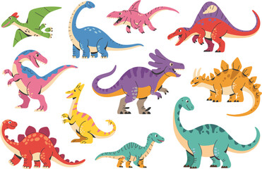 Cartoon dinosaurs, colorful creatures, prehistoric animals, flying reptiles, friendly expressions, kids illustration, educational, playful, cute, fun, Jurassic, Triassic, Cretaceous, dinosaur types, © KRISNARANI