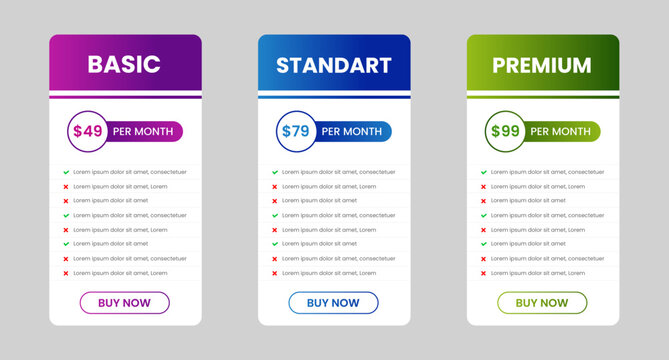 Professional Three Tier Subscription price Pricing Table with Basic Standard and Premium Plans Featuring Purple Blue and Green Gradients Modern UI UX Layout for Business Websites on Light Background.