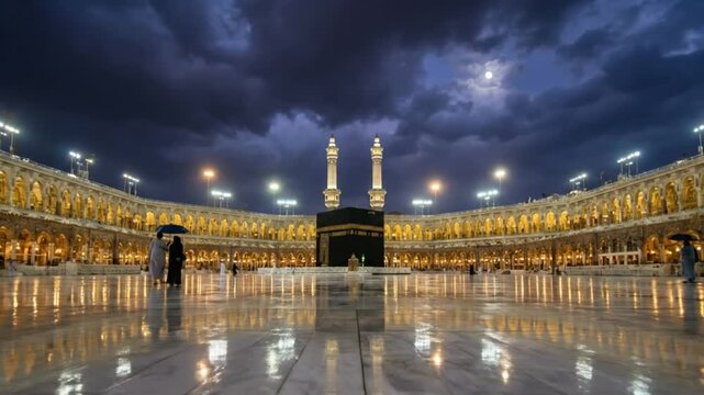 Low angle view of kaaba in mecca with cloudy sky