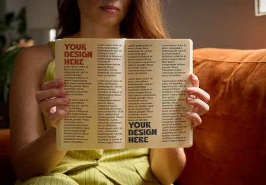 Mockup from real photo of Woman Holding an Empty Notebook Indoors