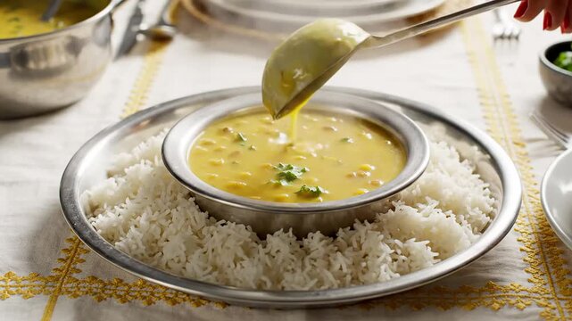Indian chef is serving traditional hearty yellow lentil daal curry over white rice on a metal thali plate, capturing family sustenance.