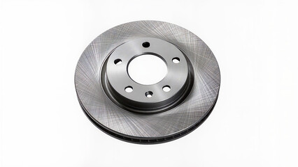 Automotive brake disc rotor isolated on white background, essential metal component of the vehicle braking system.