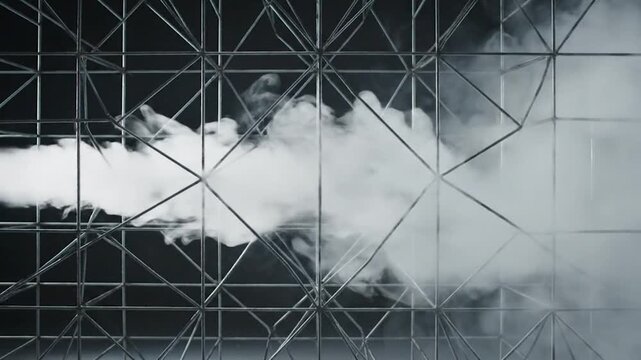 Smoke billowing through a geometric metal grid against a dark background, creating a surreal scene