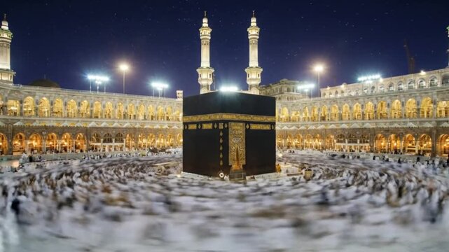 Motion blur of pilgrims circling the kaaba at night