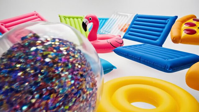 Colorful Inflatable Pool Floats and Glitter Ball on White Background