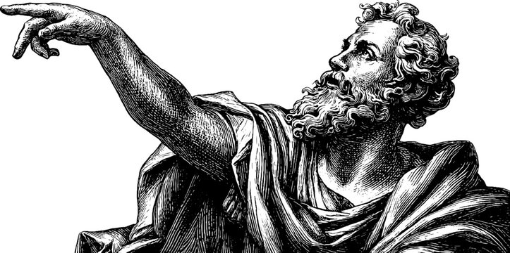 Allegorical figure representing discovery in dramatic gesture pose, vintage drawing