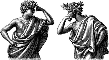 Fototapeta premium Allegorical figures representing inquiry in thoughtful poses - classic vintage design for art and decor