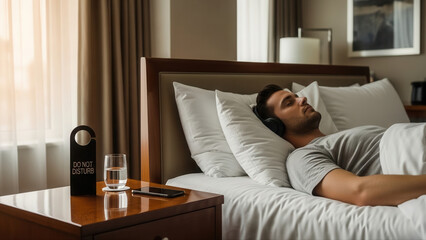 Fototapeta premium Man napping with headphones on a soft pillow in a cozy bedroom, warm lighting, wooden nightstand with a glass of water, curtains gently diffusing sunlight