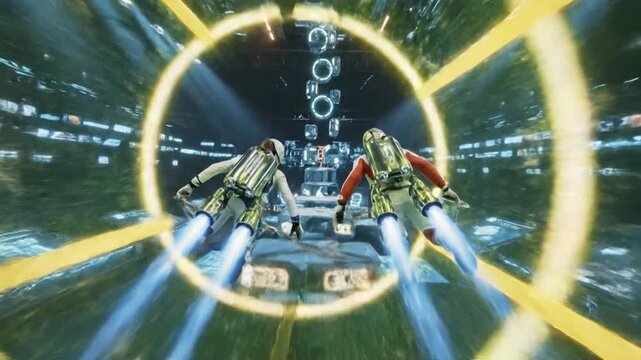 Futuristic jetpack race: two figures soar through neon-lit rings with sleek jetpacks, emitting viintimate apparelnt blue flames in a high-tech arena.