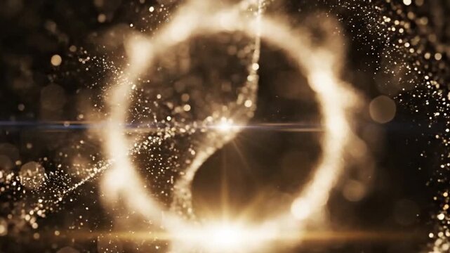 An intricate animation of golden particles forming rotating gear-like shapes with a central flare, a perfect concept for technology or industry