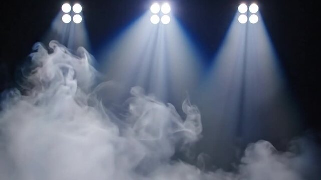 A dynamic stage scene with bright spotlights and thick billowing smoke, a perfect energetic background for music concerts and live performances