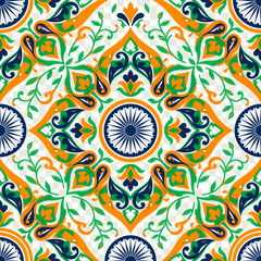 Fototapeta premium Indian Tricolor Rangoli Pattern with Ashoka Chakra – Traditional Floral Design on Transparent Background