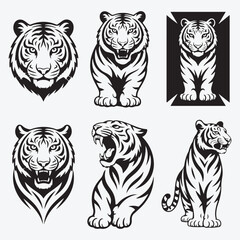 Obraz premium A powerful set of wild tiger vector illustrations featuring black tribal silhouette designs and feline head logos suitable for a predator nature tattoo