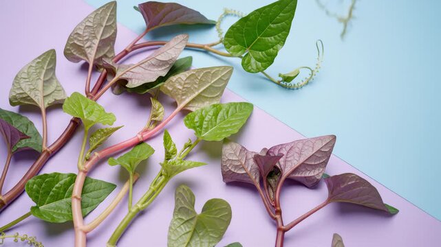 Close Up of Fresh Malabar Spinach Leaves and Stems Arranged on Pastel Background
