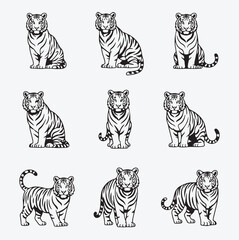 Obraz premium A cute cartoon wildlife set of zebra vector illustrations features isolated black and white striped mammals alongside safari animals like horses and feline predators in a nature silhouette style