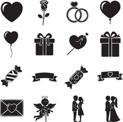 Black silhouette of love romance and celebration including hearts rings rose gifts balloons candy and couples
