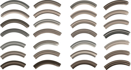 Set of abstract curved ribbed 3D shapes with metallic and neutral gradients
