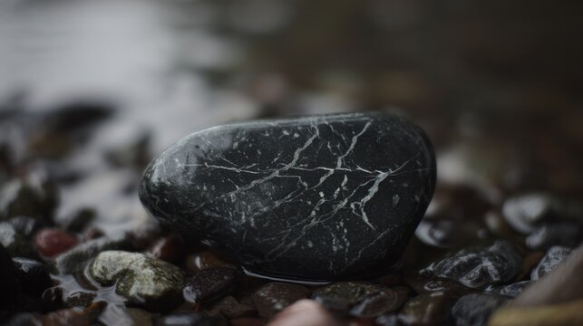 Smooth soapstone rock with water-like veining on a pebble riverbed. travel magazines, destination branding, designed for outdoor magazines and nature guides, used by product managers.