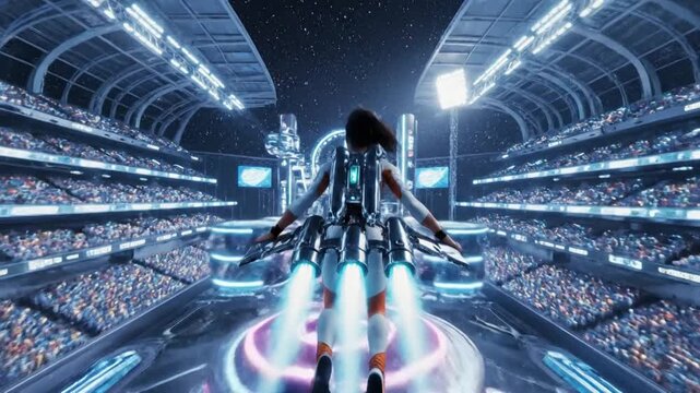 Futuristic jetpack race: woman soars through neon-lit course with metal jetpack, crowd blurred, conveying substance, energy, and technology.