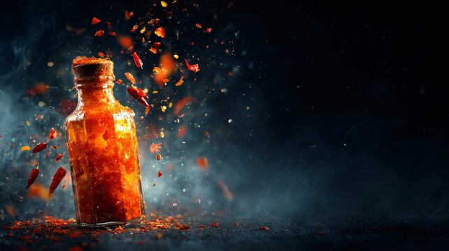 Hot sauce glass bottle with fiery splash and red pepper shard. Spicy food concept. Culinary ingredient for cooking. Drink mockup for design.