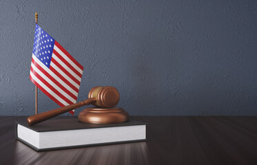 Judge gavel on the desk with USA flag. Law and justice concept