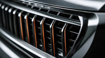 Close-up of a glossy car grille with metallic reflections, showcased under professional studio lighting. mobility guides, transit brochures, designed for mobility and urban transit guides.