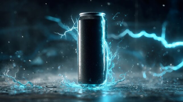 Stylish matte black energy drink can with neon blue liquid splash and lightning. Mockup for beverage packaging design and advertising.