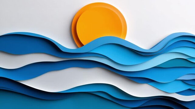 Vibrant ocean waves rising against setting sun in creative layered abstract animation