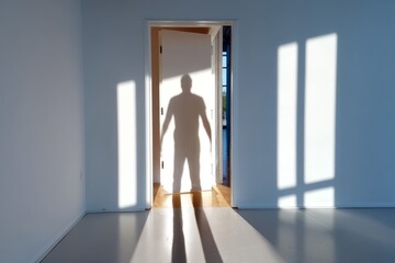 Fototapeta premium Shadow of a Human Figure Cast Inside an Empty Corridor with Open Door