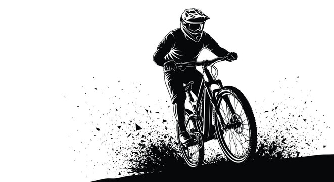 Silhouette of a downhill mountain biker aggressively riding on a dirt track kicking up debris