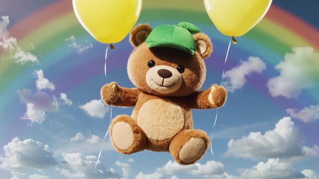 A cheerful cartoon teddy bear in a green hat floats joyfully with two yellow balloons against a vibrant rainbow background.