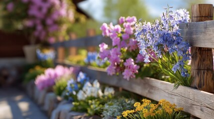 Obraz premium Colorful Flower Garden Along a Wooden Fence in Springtime Sunlight