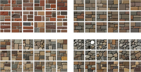 Assorted stone and brick wall textures in brown gray and beige shades stone wall pattern background