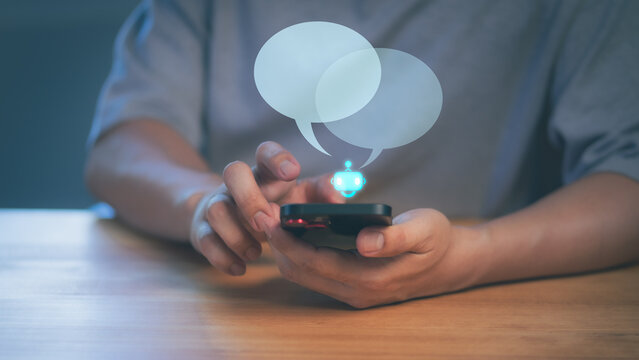 AI chatbot virtual assistant on smartphone for digital customer service and online support. Innovative technology for business communication and automated messaging solution.
