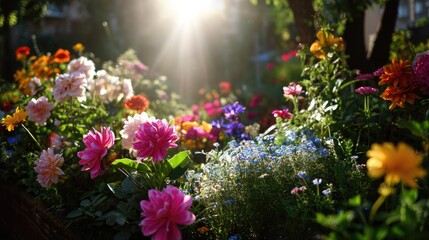 Obraz premium Vibrant Garden Blooms Under Warm Sunlight in Early Morning