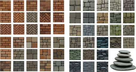 Collection of diverse brick and stone wall textures and stacked stones pattern