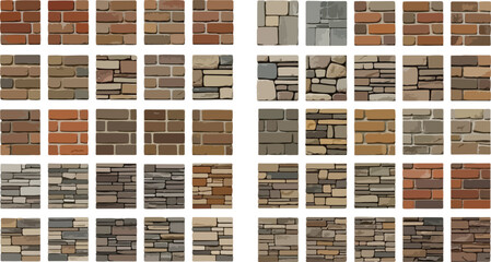 Collection of various brick and stone wall textures in brown and gray hues pattern