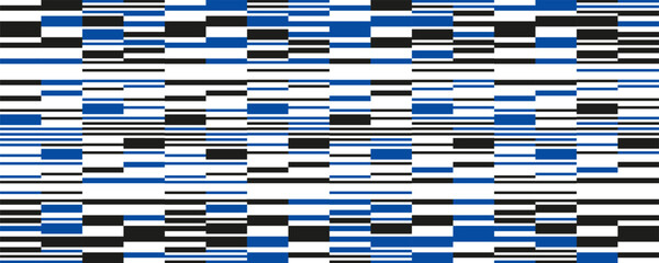 Blue line barcode bar with abstract art background and black block code data for a decorative digital design. Modern geometry glitch graphic