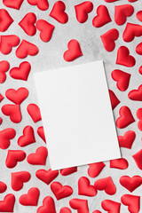 Blank Valentines Day greeting card mockup with smalll red hearts and copy space for text, wishes and congratulations