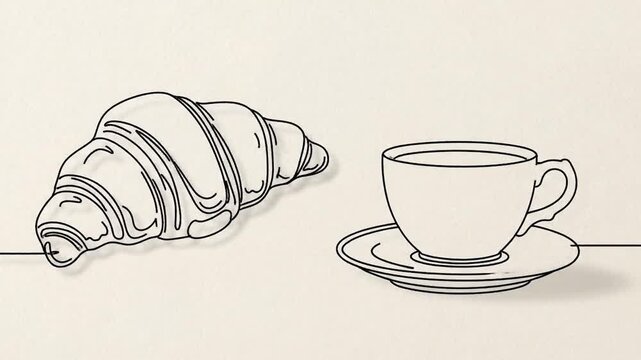A line drawing of a croissant and a cup of coffee on beige