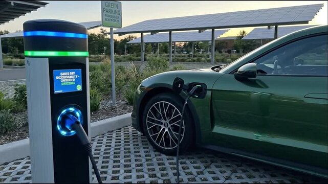 A green electric vehicle charges at a station with blue and green lights under solar panels in a parking lot
