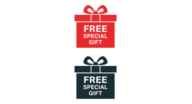 Vector icons illustrating red and dark blue boxes labeled free special gift promotions