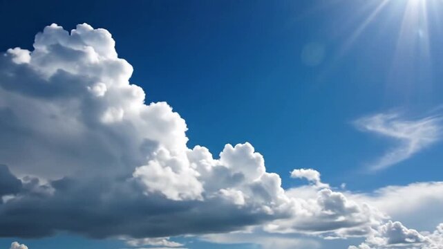 A beautiful time-lapse of large white cumulus clouds moving across a bright blue sky, a perfect professional background for any creative project