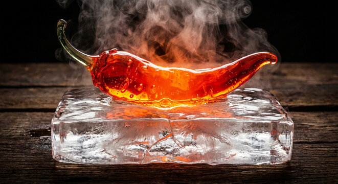 A bright red chili pepper sits atop a clear ice block, releasing warm steam against a dark, rustic background. This high-contrast image conveys heat, freshness, and bold culinary drama.
