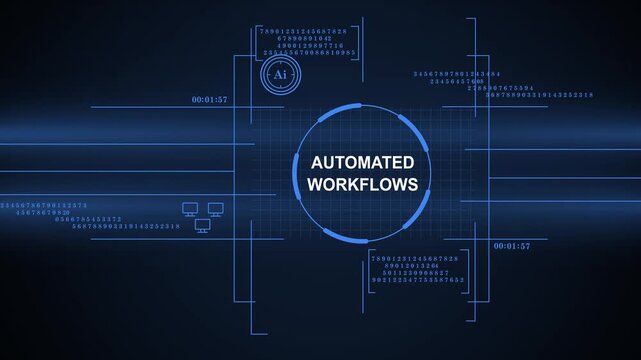 High-tech digital background featuring 'Automated Workflows' typography inside a glowing HUD circle, surrounded by cybernetic data elements, code, and schematic lines on a dark blue screen.