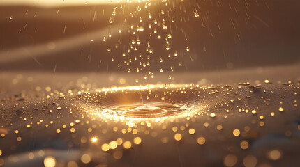 Obraz premium Golden droplets impacting the water surface and creating ripples.